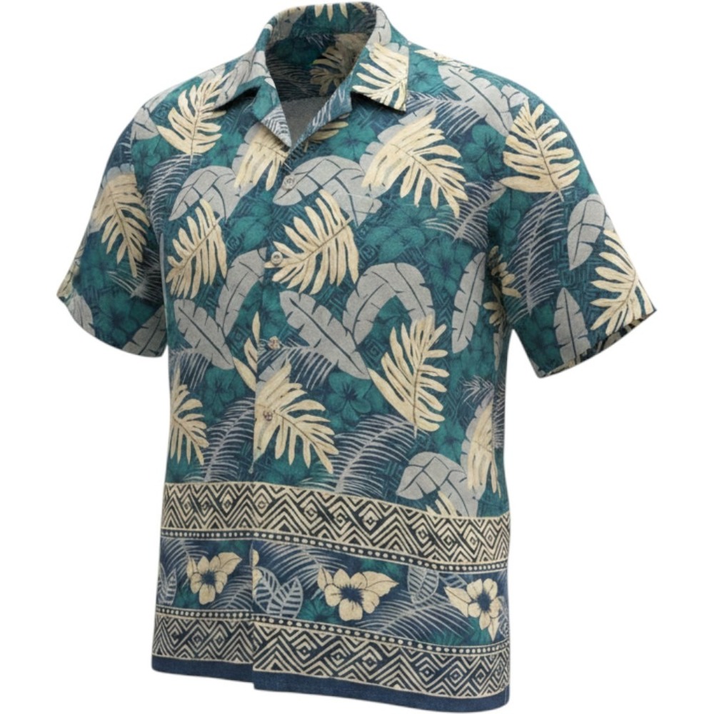 Pierre Cardin Mens Large Rayon Tropical Floral Camp Shirt Teal Blue Short Sleeve